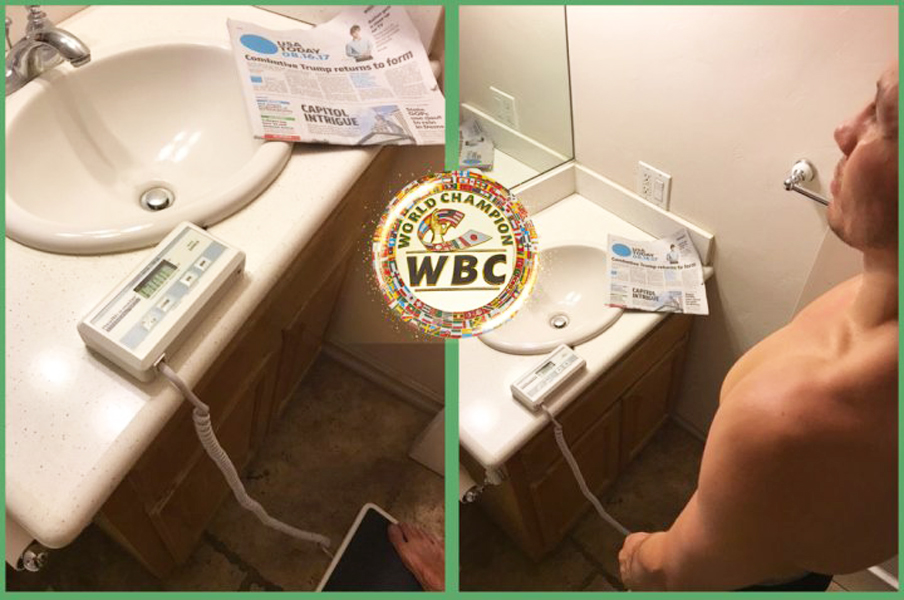 Erstes Wiegen nach dem Teglement der WBC 30 Tage vor dem Kampf: Golovkin bring 77,1 Klio auf die Waage.